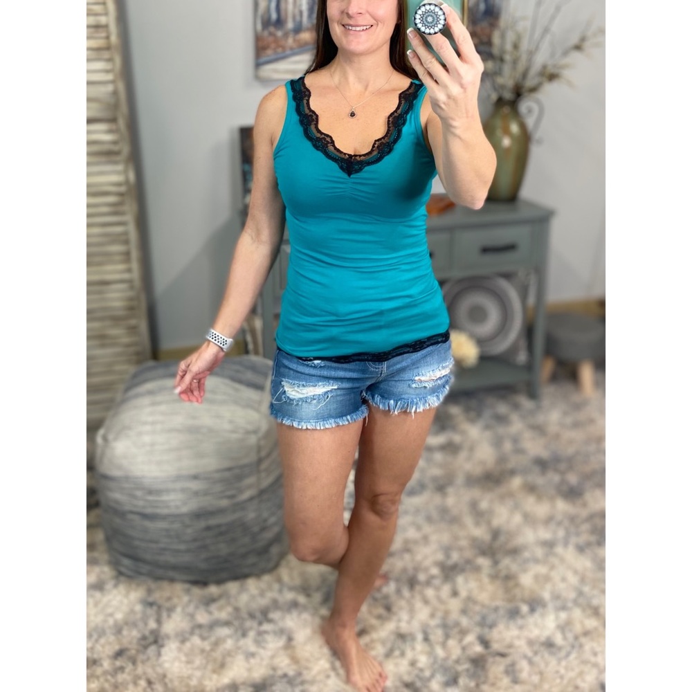 ❤️🔥Lace Ruched Bust Slimming Tank Teal 1916 - Picture 1 of 4